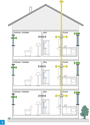 
Beispiel eines dezentralen Abluftsystems mit Zuluftelementen im MFH.

