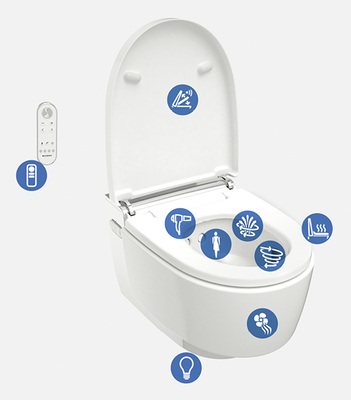 
Dusch-WCs mit Stromanschluss bieten allerhand Funktionen: Fernbedienung, berührungslose WC-Deckel-Automatik, Warmluftföhn, Sitzheizung, Ladydusche, Whirl-Spray-Duschtechnologie, Geruchsabsaugung, spülrandlose Keramik und Orientierungslicht. Hier am Beispiel Geberit Mera.




