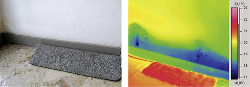 
Eingedrungene Feuchte in einer Wand, die mit bloßem Auge nicht zu erkennen, im Infrarotbild aber deutlich zu sehen ist.
