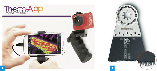 
1 Die Infrarot-Wärmebildkamera Therm-App TH arbeitet zusammen mit einem Android-Smartphone oder Tablet.



2 Die E-Cut Precision-Sägeblätter von Fein mit Bimetall-Verzahnung sind für anspruchsvolle Sägearbeiten entwickelt.
