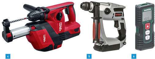 
4 Die Stauabsaugung des TE 4-A22 schützt den Handwerker vor Feinstaub und sorgt für eine saubere Baustelle.



5 Den Bohrhammer 180 APP von Kress-elektrik gibt es wahlweise mit 4,2- und 2,1-Ah-Lithium-Ionen-Akku.



6 Das Laser-Distanzmessgerät LD 30 misst im Bereich von 0,2 bis 30 m.
