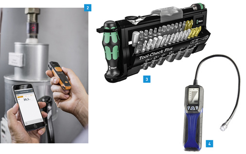 <p>
2 Infrarot-Thermometer testo 805i mit Smartphone-Bedienung.
</p>

<p>
3 Die Werkzeugsammlung Tool-Check Plus von Wera ist mit einem Kraftform-Griff ausgestattet.
</p>

<p>
4 Wöhler GS 300: Gasspürer zur Dichtheitskontrolle und zur Lecksuche an Gasleitungen.
</p>