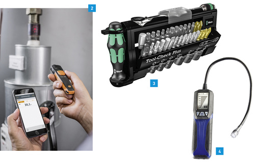 
2 Infrarot-Thermometer testo 805i mit Smartphone-Bedienung.



3 Die Werkzeugsammlung Tool-Check Plus von Wera ist mit einem Kraftform-Griff ausgestattet.



4 Wöhler GS 300: Gasspürer zur Dichtheitskontrolle und zur Lecksuche an Gasleitungen.
