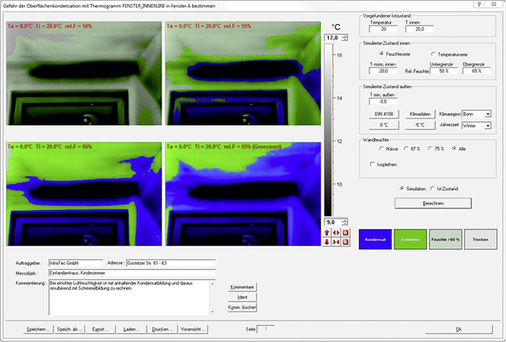 



Spezielle Bauthermografie-Software verfügt über Zusatzfunktionen, wie bauspezifische Kommentar-Vorlagen oder die Simulation der Oberflächenkondensation an schimmelgefährdeten Stellen.

