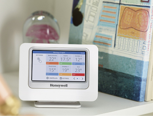 
Die Temperaturwerte von bis zu sechs Räumen werden auf dem Startbildschirm des Honeywell Evohome Controllers angezeigt.
