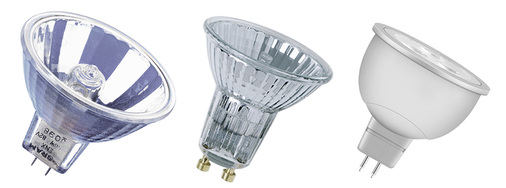 
Werkzeuge (von links): 12-V-Halogenglühlampe, 35 W, vom Typ Decostar mit GU5,3-Sockel (spitze Stifte); 230-V-Halogenglühlampe, 30 W, vom Typ Halopar (Osram) mit GU10-Sockel (dickere Zapfen); eine 12-V-LED-Retrofitlampe vom Typ LED Star MR 16 mit GU5,3-Sockel und 3,5 W. 



