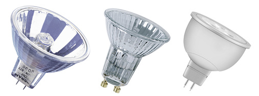 <p>
Werkzeuge (von links): 12-V-Halogenglühlampe, 35 W, vom Typ Decostar mit GU5,3-Sockel (spitze Stifte); 230-V-Halogenglühlampe, 30 W, vom Typ Halopar (Osram) mit GU10-Sockel (dickere Zapfen); eine 12-V-LED-Retrofitlampe vom Typ LED Star MR 16 mit GU5,3-Sockel und 3,5 W. 
</p>

<p>
</p> - © Bilder: Osram

