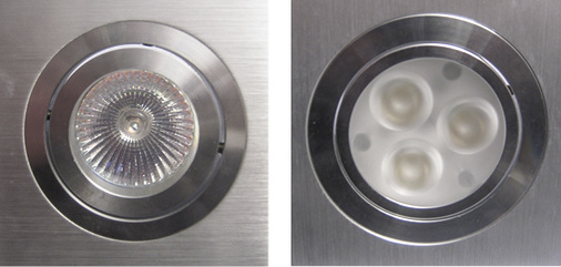 



Zwei identische Downlighthalterungen, jedoch mit verschiedenen Lichtquellen. Links eingebaut eine klassische 12-V-Niedervolt-Halogenglühlampe mit 50 W, rechts eine LED-Lichtquelle mit 3 x 3 W. 
