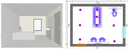 <p>
</p>

<p>
In dem beispielhaft geplanten Bad mit den Grundmaßen 4,2 m x 3,2 m x 2,40 m sollen die Auswirkungen von Ausstrahlwinkel, Lumenpaket, Raumhöhe, Materialauswahl und Leuchtenplatzierung dargestellt werden. Vorgesehen sind neun Downlights.
</p> - © Bilder: Greule

