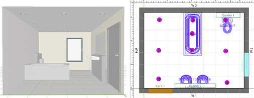 



In dem beispielhaft geplanten Bad mit den Grundmaßen 4,2 m x 3,2 m x 2,40 m sollen die Auswirkungen von Ausstrahlwinkel, Lumenpaket, Raumhöhe, Materialauswahl und Leuchtenplatzierung dargestellt werden. Vorgesehen sind neun Downlights.

