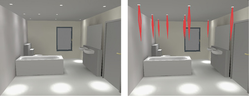 
Variante 1: Eine Berechnung mit sehr engstrahlenden Downlights (8 Grad). Wie man auf den Bildern erkennen kann, bewirkt ein sehr enger Ausstrahlwinkel keine gleichmäßige Verteilung, sondern eher harte Spots. Downlights mit einem sehr engen Ausstrahlwinkel sind ungeeignet für die allgemeine Beleuchtung eines Badezimmers.



