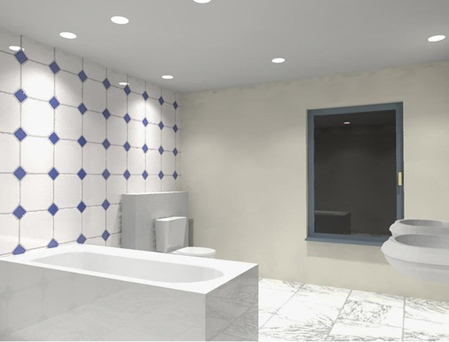 



Die Lichtsimulation des Badezimmers auf der linken Seite mit breiter strahlenden Downlights (36 Grad) auf verschiedenen Fliesen zeigt ein gutes Ergebnis.
