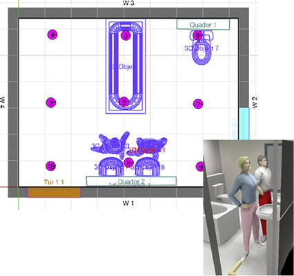 



Das linke Bild zeigt die gleichmäßige Verteilung von neun Downlights im Raum. Das führt zu einer sichtbar schlechten Ausleuchtung der Gesichter durch das Downlight in der Mitte zwischen den beiden Personen (rechts). 

