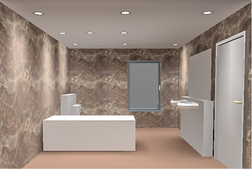 <p>
</p>

<p>
Lichtsimulation des fiktiven Badezimmers mit dunklen Materialien auf dem Boden und an den Wänden. Das Downlight über Spiegel wurde jetzt über der Wanne platziert.
</p> - © Greule

