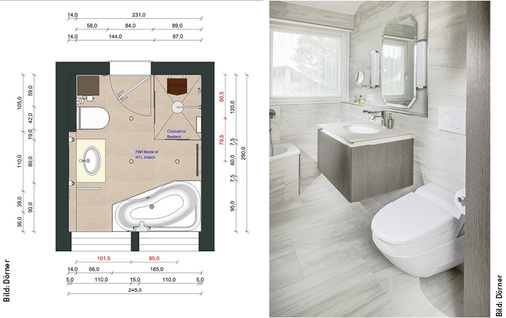 
Das Bild links zeigt einen Grundriss mit drei Swarowski-Deckeneinbauleuchten Chrom Madison als Grundbeleuchtung (Licht zum Sehen). Rechts der Blick in das realisierte Bad, erhellt von den Swarowski-Deckeneinbauleuchten. Als Spiegelleuchten wurden zwei Wandleuchten New York Chrom der Firma Dekor Walther verbaut.
