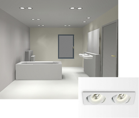 



In dieser Lichtsimulation wurden die Downlights zusammengerückt, um eine gewisse Harmonie und Eleganz zu erzeugen. Damit es am Waschtisch nicht zu dunkel wird, wurde direkt über dem Ablauf jeweils noch ein Downlight platziert. Alle Downlights haben eine 12-V-Niederspannungslampe mit 35 W eingebaut. 
