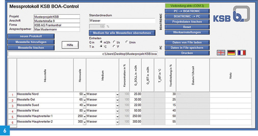 
Mit der Software Boatronic S wird ein Messprotokoll erstellt. Sie kann mit den Daten aus der Rohrnetzberechnung die Ventilstellung ermitteln und für die Einregulierung vor Ort auf dem Boatronic-Messcomputer speichern.
