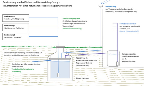 
Systemgrafik über die Kombination der Zuführung von überschüssigem Klarwasser als Bewässerungswasser einer naturnahen Niederschlagsbewirtschaftung.
