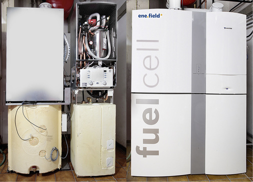 
Vier Module – ein System: Die Anlage kombiniert Brennstoffzelle, Gas-Brennwertgerät und zwei Speicher.
