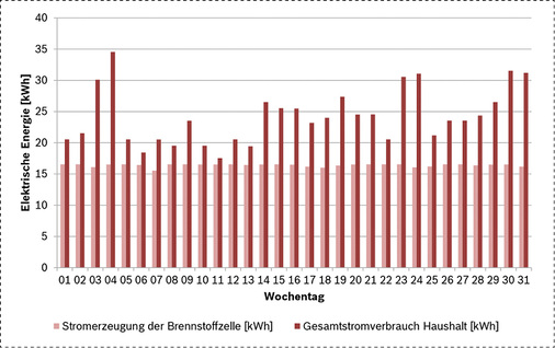 
Die Monatsbilanz einer Demonstrationsanlage zeigt den Gesamtstromverbrauch des Haushalts und die Stromerzeugung der Brennstoffzelle.
