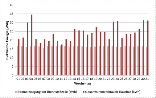 <p>
Die Monatsbilanz einer Demonstrationsanlage zeigt den Gesamtstromverbrauch des Haushalts und die Stromerzeugung der Brennstoffzelle.
</p>