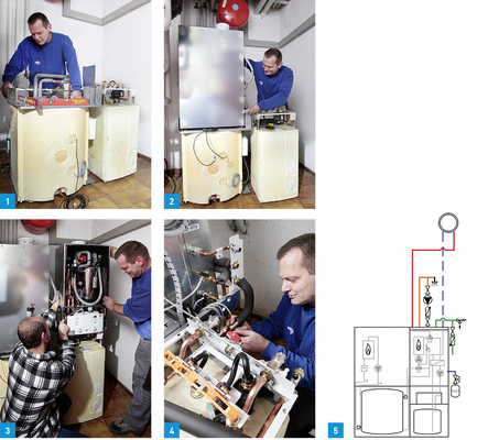 
Bild 1–2: Gottfried Schick vom Heizungsfachbetrieb Schneider aus Ebersbach an der Fils richtet den Pufferspeicher und den Schichtladespeicher aus. Nachdem er das Brennstoffzellengerät mit einem Kollegen auf den Pufferspeicher gestellt hat, fixiert er dieses. 



Bild 3–5: Auf den Schichtladespeicher wird das Gas-Brennwertgerät montiert. Durch die vorkonfektionierten Rohrgruppen entfallen aufwendige Verrohrungsarbeiten. Der Anschluss von Heizkreis und Trinkwasserversorgung ist identisch zu Brennwertgeräten. 
