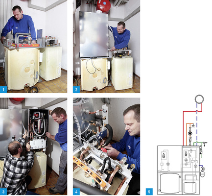 <p>
Bild 1–2: Gottfried Schick vom Heizungsfachbetrieb Schneider aus Ebersbach an der Fils richtet den Pufferspeicher und den Schichtladespeicher aus. Nachdem er das Brennstoffzellengerät mit einem Kollegen auf den Pufferspeicher gestellt hat, fixiert er dieses. 
</p>

<p>
Bild 3–5: Auf den Schichtladespeicher wird das Gas-Brennwertgerät montiert. Durch die vorkonfektionierten Rohrgruppen entfallen aufwendige Verrohrungsarbeiten. Der Anschluss von Heizkreis und Trinkwasserversorgung ist identisch zu Brennwertgeräten. 
</p>