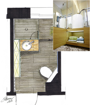 



Die Unterleuchtung vergrößert das sehr kleine Bad optisch und erzeugt mehr Höhe. 
