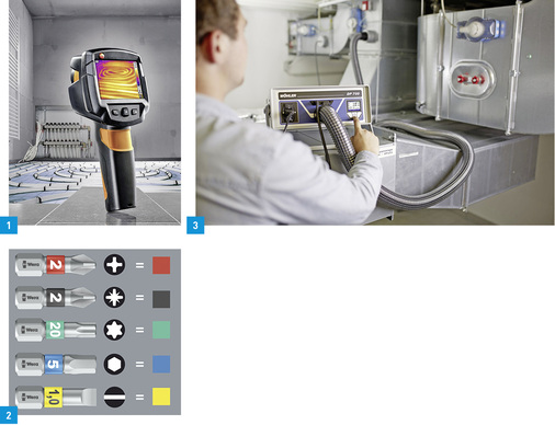 
1 Wärmebildkamera testo 869 für schnelle Checks vor Ort.



2 Bits in den Bit-Checks von Wera sind mit dem Werkzeugfinder „Take it easy“ versehen.



3 Dichtheitsprüfgerät DP 700 von Wöhler für RLT-Anlagen.
