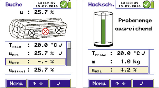 <p>
Bei der Messung an Scheitholz sind die Messpunkte im Holzscheit genau angezeigt. Wird Schüttgut gemessen, zeigt das Display, ob der Füllstand der Waage ausreichend ist. 
</p>