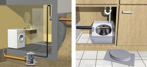 
Aktiver Rückstauschutz für fäkalienfreies Abwasser mittels Abwasserhebeanlage ACO Sinkamat mit Rückstauverschluss, links zur Unterflur-Montage, rechts zur Überflur-Montage unterhalb der Kanalisation.
