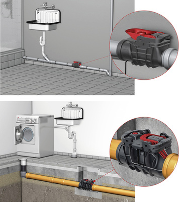 
Passiver Rückstauschutz für fäkalienfreies Abwasser mittels Rückstauverschluss ACO Triplex von ACO Haustechnik, oben mit Nennweite DN 50 eingebaut in einer frei liegenden Rohrleitung, unten mit Nennweite DN 100 eingebaut in einem bauseitigen Schacht.
