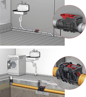 <p>
Passiver Rückstauschutz für fäkalienfreies Abwasser mittels Rückstauverschluss ACO Triplex von ACO Haustechnik, oben mit Nennweite DN 50 eingebaut in einer frei liegenden Rohrleitung, unten mit Nennweite DN 100 eingebaut in einem bauseitigen Schacht.
</p>