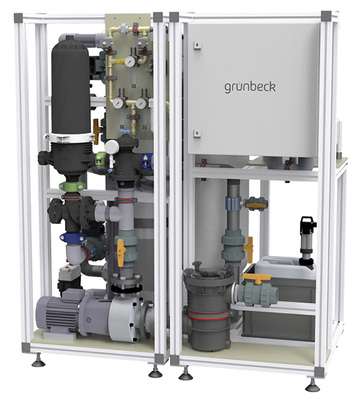 
Die Schwimmbad-Wasseraufbereitungsanlage spaliQ:UF150 vereint in einem zweigeteilten Anlagenrack die Komponenten drehzahlgeregelte Umwälzpumpe, Rückspül-Vorfilter Ultrafiltrationsmodul sowie die Steuerung und benötigt weniger als 1,5 m² Stellfläche.
