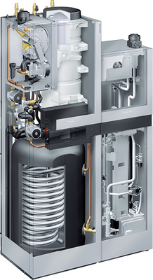 
Darstellung des Brennstoffzellen-Heizgeräts: Auf der linken Seite sind die Behälter für das Heizungswasser und das Trinkwarmwasser sowie der Spitzenlastkessel untergebracht und rechts die Brennstoffzelle. 
