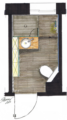 



Der Entwurfsgrundriss verdeutlicht, wie durch Querstellen des Waschplatzes in den Raum dem Schlauchcharakter entgegengewirkt wird. 
