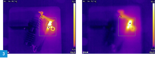 
Fokussiertes Wärmebild (links) mit Maximaltemperatur Tmax = 89,7 °C und nicht fokussiertes Wärmebild (rechts) mit Maximaltemperatur Tmax = 73,7 °C.
