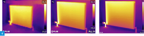 <p>
Derselbe Heizkörper aus derselben Entfernung mit denselben Einstellungen, aufgenommen mit drei verschiedenen Wärmebildkameras: Flir C2 (links), Flir T440 (Mitte) und Flir T640 (rechts).
</p>