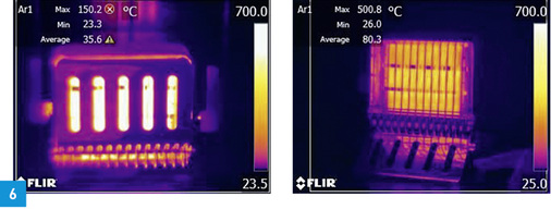 <p>
Aufnahme desselben Objektes mit verschiedenen Temperaturbereichen: -20 bis 120 °C (links) und 0 bis 650 °C (rechts). Die Temperatur im linken Bild wird mit einer Warnhinweis (roter Kreis mit weißem Kreuz) angezeigt, da dieser Messwert außerhalb des kalibrierten Bereichs liegt.
</p>