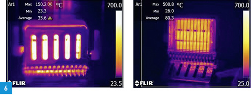 
Aufnahme desselben Objektes mit verschiedenen Temperaturbereichen: -20 bis 120 °C (links) und 0 bis 650 °C (rechts). Die Temperatur im linken Bild wird mit einer Warnhinweis (roter Kreis mit weißem Kreuz) angezeigt, da dieser Messwert außerhalb des kalibrierten Bereichs liegt.
