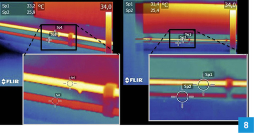 <p>
Zu- und Rücklaufleitungen von Heizkörpern: Links aus 1 m Entfernung aufgenommen, Messfleck ausgefüllt und Temperaturmessung korrekt. Rechts aus 3 m Entfernung aufgenommen, Messfleck nicht vollständig ausgefüllt und gemessene Temperaturwerte sind falsch.
</p>