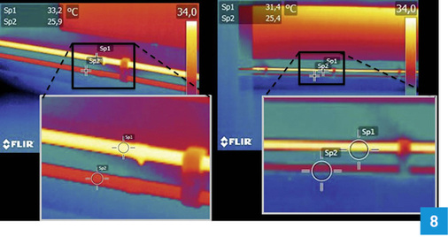 
Zu- und Rücklaufleitungen von Heizkörpern: Links aus 1 m Entfernung aufgenommen, Messfleck ausgefüllt und Temperaturmessung korrekt. Rechts aus 3 m Entfernung aufgenommen, Messfleck nicht vollständig ausgefüllt und gemessene Temperaturwerte sind falsch.
