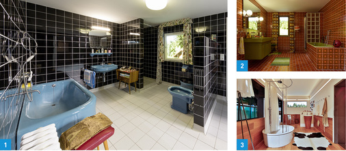 
1: Mitte der 1960er beginnt sich das Bad langsam zum Wohnbad, zum „weichen Bad“ ohne Ecken und Kanten, zu entwickeln. Die Trendfarben für Wände und Böden sind Schwarz, Weiß, Blau und Rosa.



2: In den 70er-Jahren wird das Leben nach und nach bunter, das spiegelt sich auch im Bad. Kunststoff erobert Waschtisch und Wanne, flauschige Textilien machen das Bad wohnlicher.



3: In den 90er-Jahren gewinnt Design im Bad stark an Bedeutung. Das betrifft Armaturen und Sanitärobjekte gleichermaßen wie die Gestaltung der Oberflächen an Wand und Boden. 
