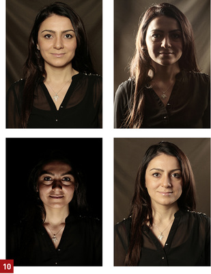 



Verschiedene Lichtrichtungen bei der Ausleuchtung eines Gesichts: Licht direkt von vorne (o. l.), Licht von der Seite (o. r.), Licht von unten (u. l.), Dreipunktbeleuchtung (u. r.).
