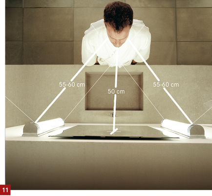 
Beispiel für die optimale Ausleuchtung eines Gesichts, mit Entfernungsangaben. Die erreichte vertikale Beleuchtungsstärke liegt in diesem Fall bei 420 lx im Gesicht.



