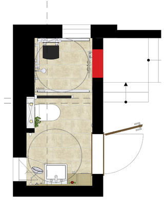 <p>
Der Grundriss zeigt, wie aus zwei Räumen trotz Höhenversprung ein funktionierendes, barrierefreies Bad wurde – trotz minimalem Bewegungsradius von 120 cm.
</p>