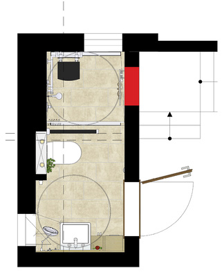 
Der Grundriss zeigt, wie aus zwei Räumen trotz Höhenversprung ein funktionierendes, barrierefreies Bad wurde – trotz minimalem Bewegungsradius von 120 cm.
