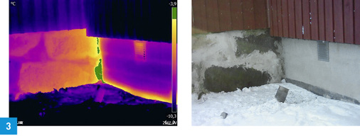 
Grundmauer: Übergang zwischen dem alten (links im Bild) und neueren (rechts im Bild) Teil des Gebäudes. Die Isotherme verdeutlicht den Bereich der Luftleckage.
