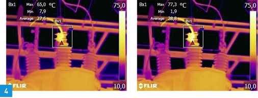 <p>
Ändern des Emissionsgrads am gespeicherten Bild. Die Maximaltemperatur beträgt im linken Bild 65,0 °C bei =0,95 und im rechten Bild 77,3 °C bei =0,7.
</p>