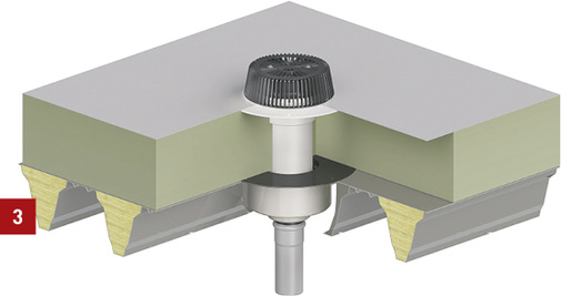 
Der Metallkörper des Brandschutzelements wird in den Ausschnitt im Trapezblech eingehängt und mit zugehörigen Blechschrauben befestigt. Mit dem Flachdachentwässerungs-Sortiment kann nahezu jede Dachbahn und jede Art von Wärmedämmung berücksichtigt werden – im abgebildeten Einbau-Beispiel mit dem in das Brandschutzelement eingesetzten Dachablauf, einem Aufstockelement und einem Laubfangkorb.
